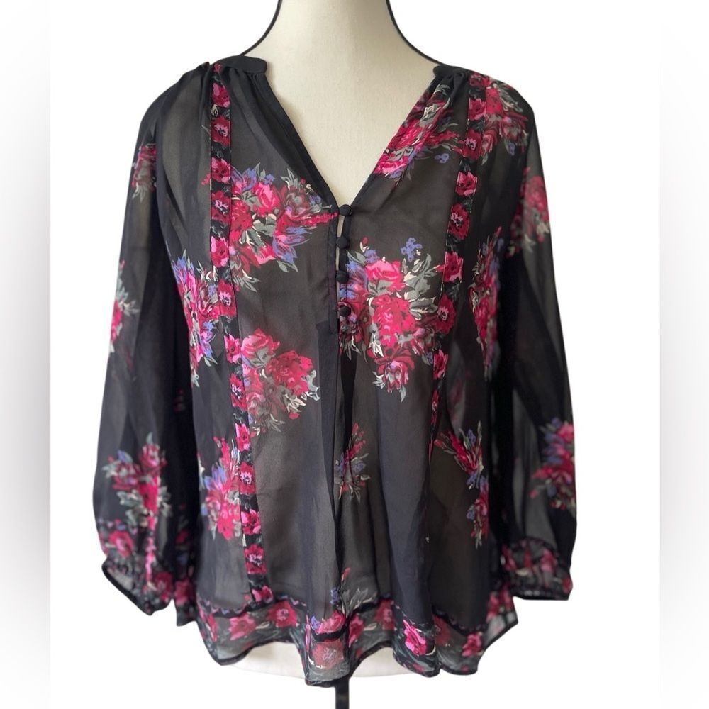 Joie Gloria Floral 100% silk pheasant flowy blouse sz XS loose fit black red